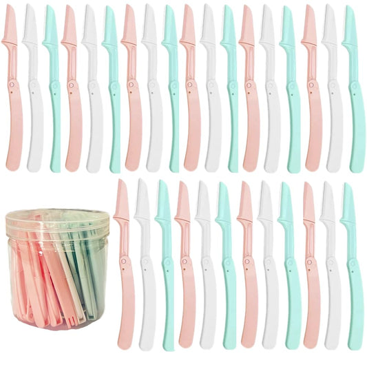 30 Pack Women's Eyebrow Razor Knife Facial Hair Shaver Folding Safety Cover Precision Trim for Fine Hair Random Color