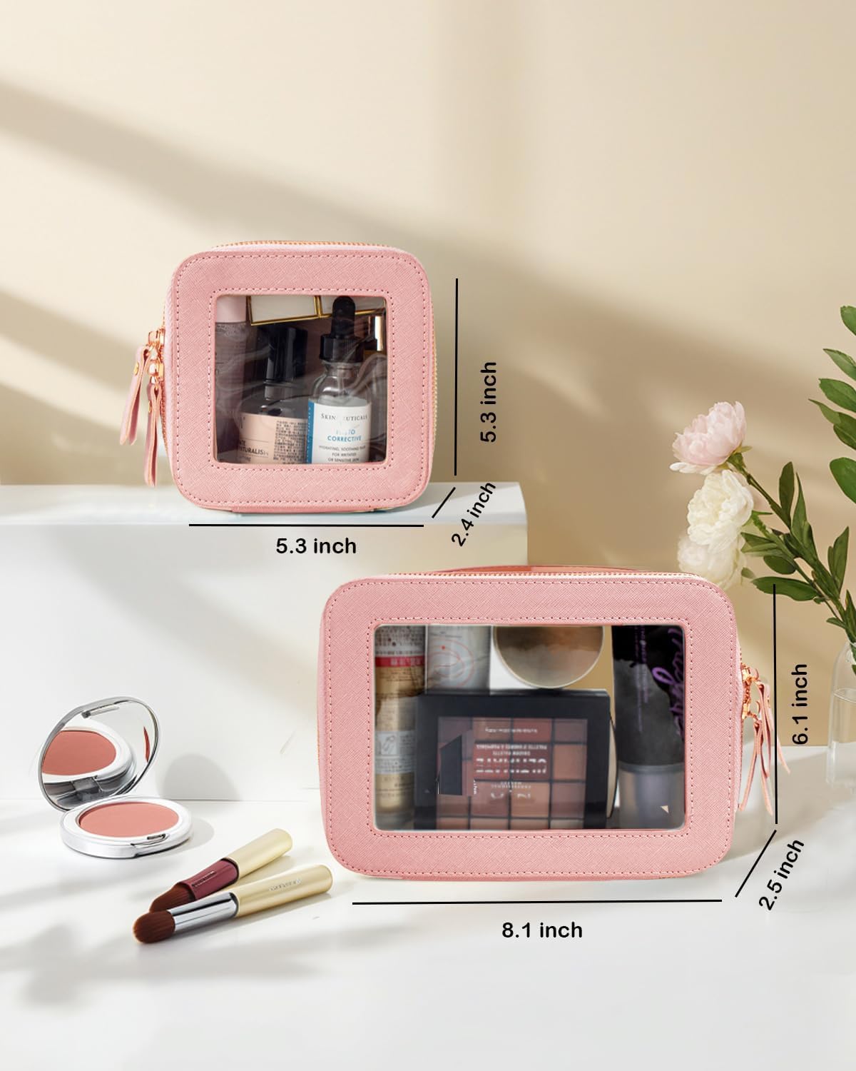 Travel Clear Makeup Bag Set, TSA Approved Cosmetic Bag Case with Zipper Portable Makeup Pouch Toiletry Bag Women Traveling Cosmetic Organizer Storage Bag Car Organizer Car Essentials for Women