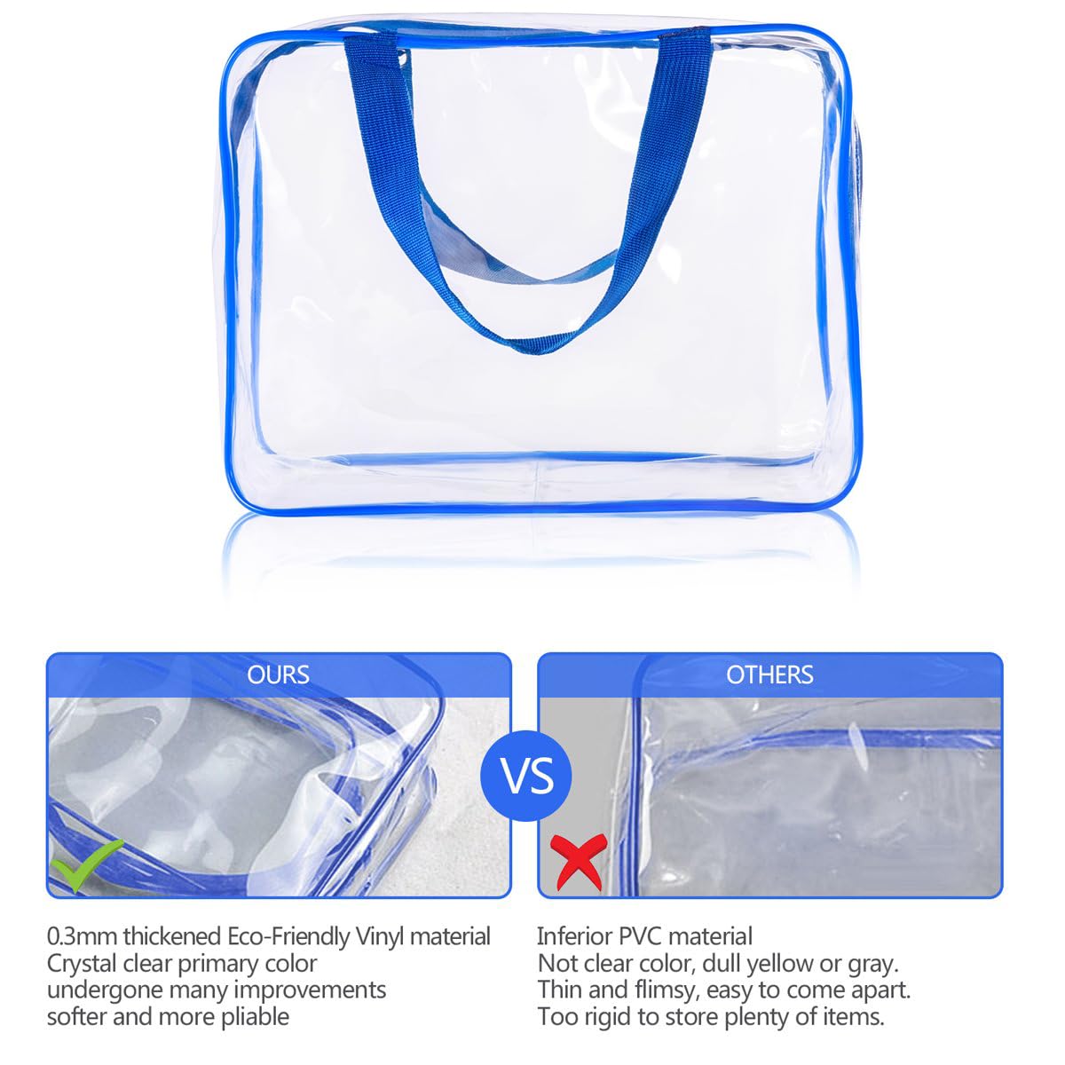 2Pcs Crystal Clear PVC Travel Toiletry Bag Kit for Women Men, Waterproof Vinyl Packing Organizer Storage Bags with Zipper Handle Straps, Cosmetic Pouch Carry on Airport Airline Compliant Bag Handbag