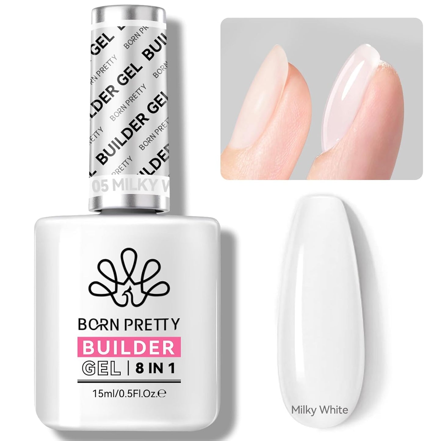 BORN PRETTY Builder Gel for Nails, 8-in-1 Milky White Clear Builder Nail Gel for Nail Apex and Gel Extension Strengthener, Nail GLue Gel Hard Gel Base Rhinestone Nail Glue Gel in a Bottle 15ml