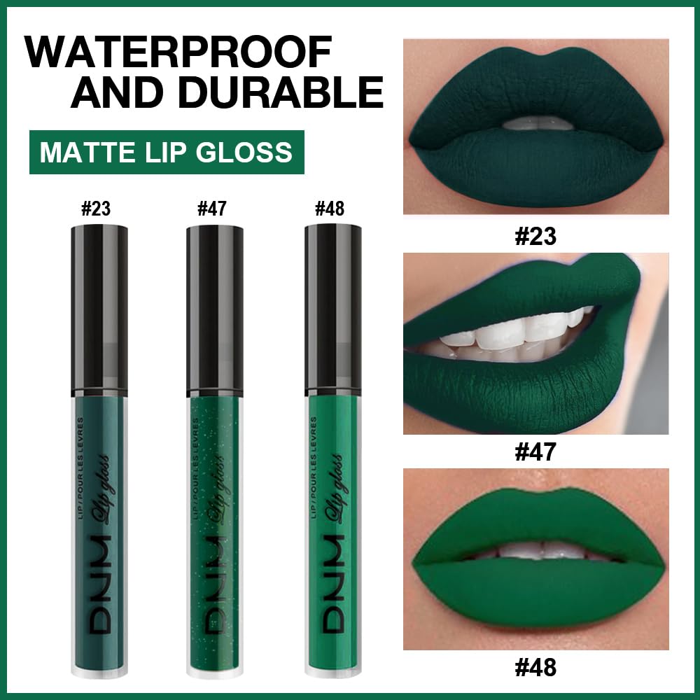 evpct 3Pcs Dark Deep Forest Green Shimmer Matte Liquid Lipstick Lip Stain Sets for Women Matte+Lipstick Long Lasting Waterproof Permanent 24 Hours Magic Lipstick 24 Hours original, Set23