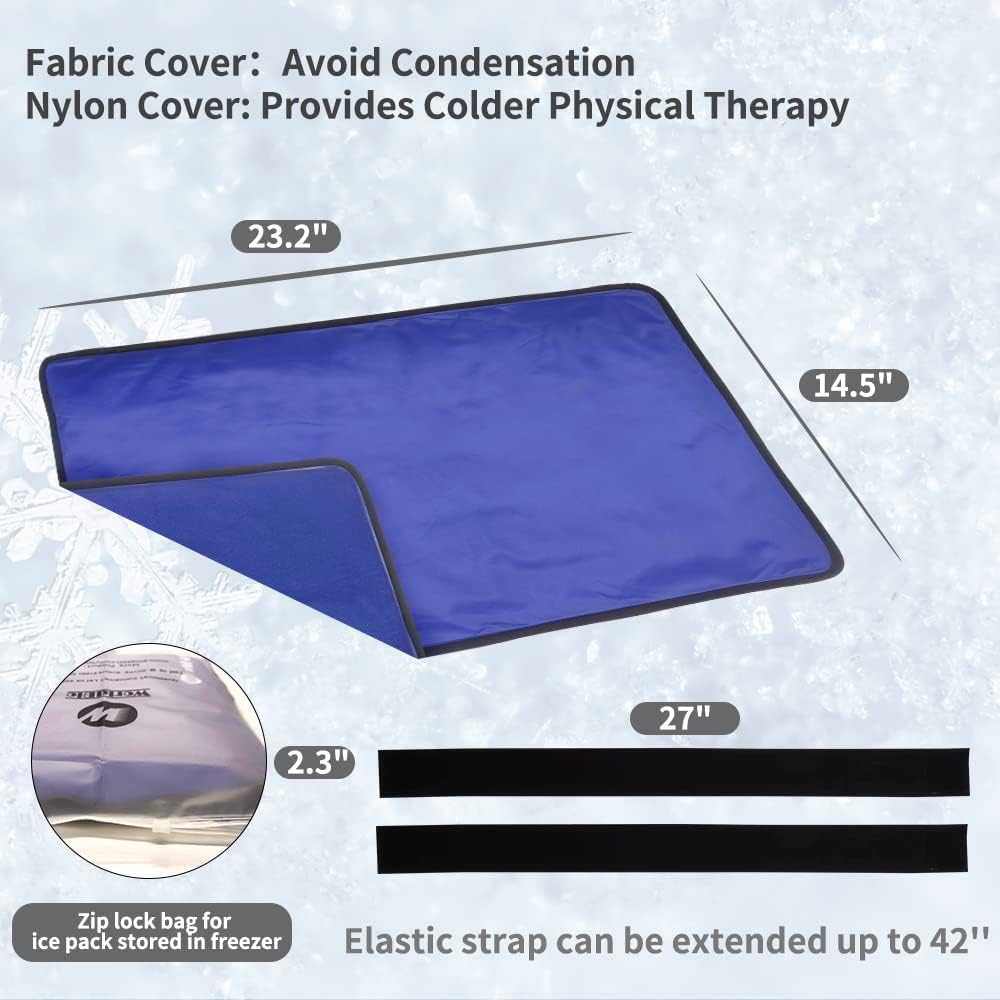 Extra Large Ice Pack for Injuries Reusable, Physical Therapy Cold Pack w/2 Straps for Full Back Knee Pain Relief, Hot Cold Compress Gel Ice Wrap for Swelling, Bruises, Large Ice Pad 23.2" x 14.5" Blue