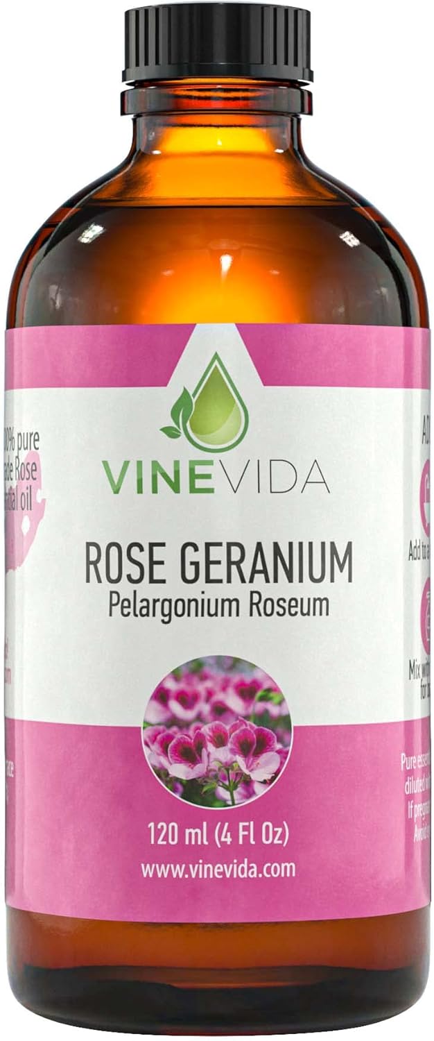 VINEVIDA Rose Geranium Essential Oil 4 oz - Undiluted Oil - DIY Candle Scents - Bulk Oil for Soap Making - Safe for Skin