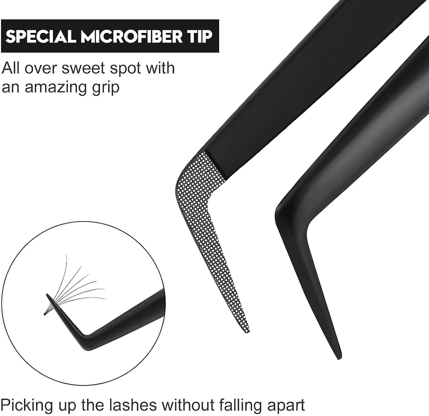 Ms.Queen Lash Tweezers for Eyelash Extensions, Diamond Grip 90 Degree Fiber Tip Volume Lash Extension Tweezers,Black