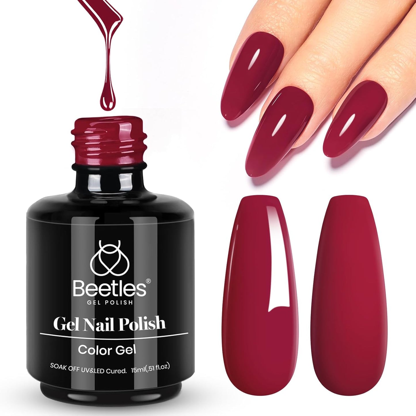 Beetles Red Gel Nail Polish, 1 Pcs 15ml Wine Red Burgundy Soak Off Gel Polish Nail Art Manicure Salon DIY Fall Design Decoration Home Uv Nail Lamp Needed