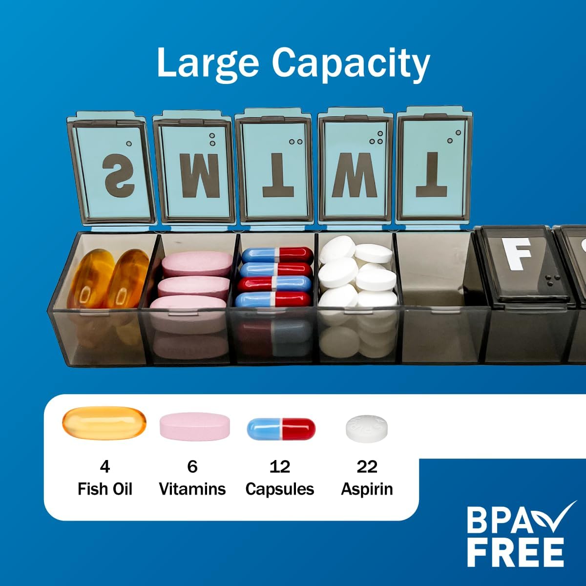 Amazon Basic Care Weekly (7-Day) Pill Organizer, Vitamin Planner, and Medicine Box, Medium Compartments, Black (Pack of 2)