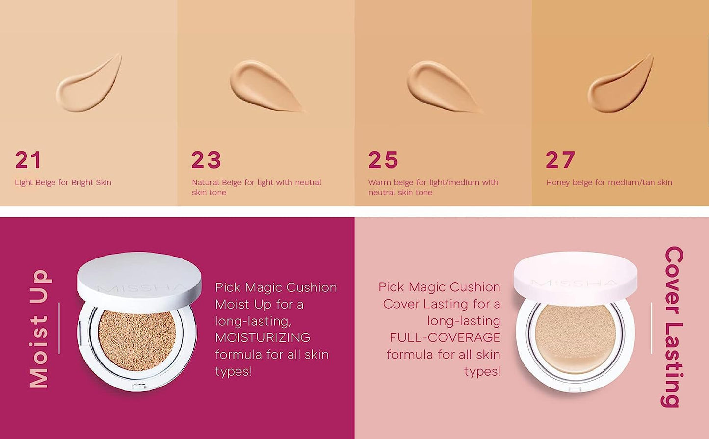 MISSHA Magic Cushion Foundation No.25 Warm beige for Light/Medium with Neutral Skin Tone, Flawless Coverage, Dewy Finish, Easy Application for All Skin Types