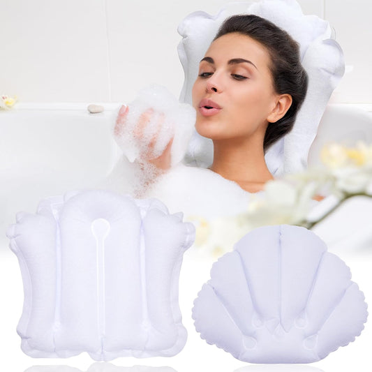 Jetec 2 Pcs Inflatable Bath Pillow with Suction Cup Bathtub Spa Pillow Neck Support Supplies Shell-Shaped Soft Inflatable Cushion Large Small Size Fits All Tub Pool Bath and Bathroom