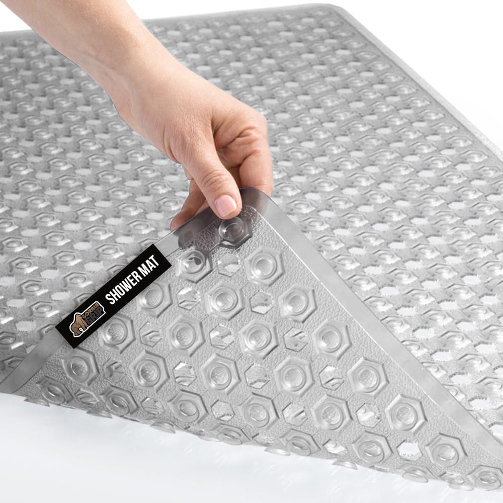 GORILLA GRIP Patented Bath Tub Shower Mat, Machine Washable Bathtub Floor Liner Mats, Suction Cups and Drain Holes to Keep Tubs Clean, Soft on Feet, Bathroom Essentials, 35x16 Inch, Clear Gray