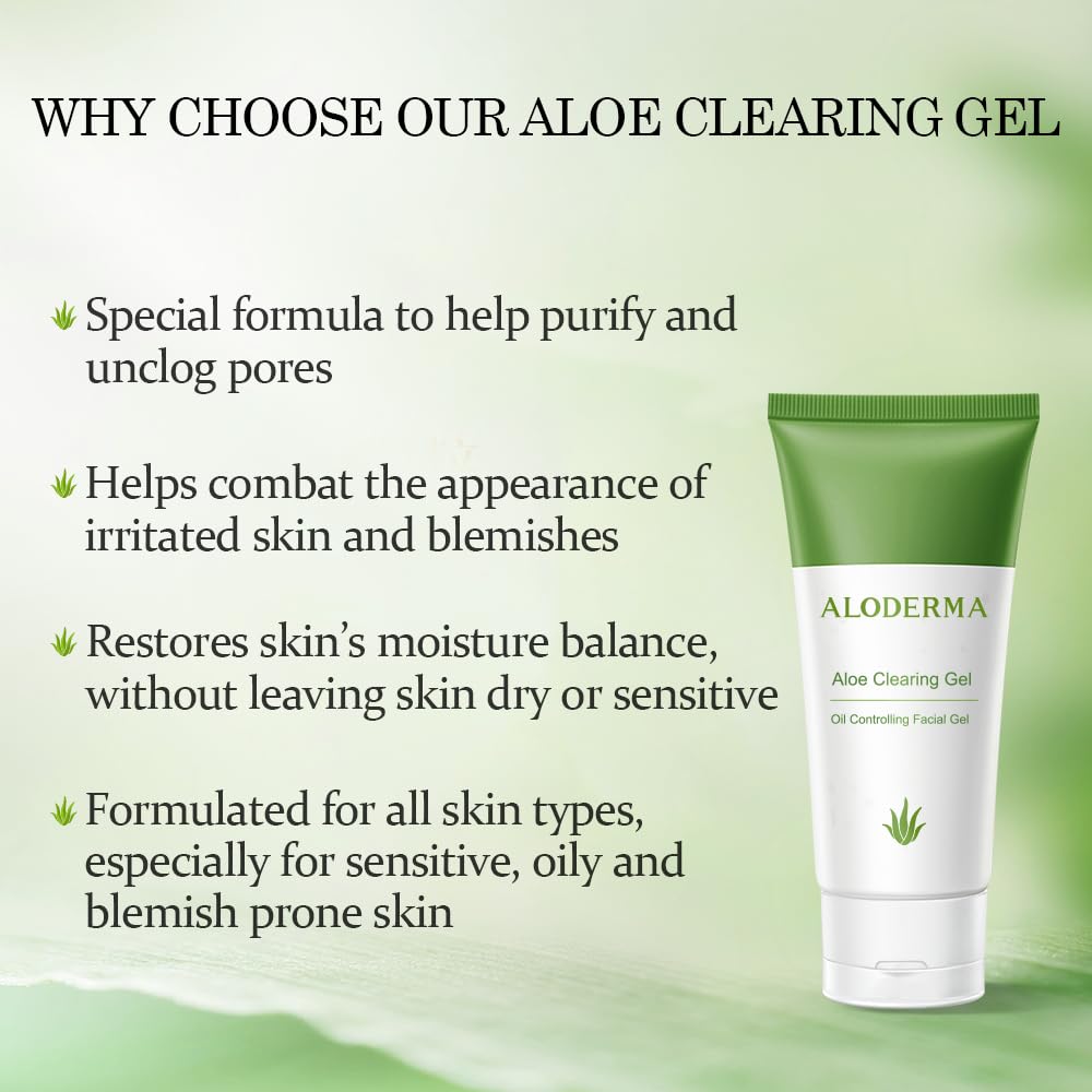 Aloderma Aloe Clearing Gel for Clear Complexion with 90% Organic AloeVera - Moisturizing, Oil Controlling Facial Lotion with Allantoin, Wintergreen Extract - Soothing, Skin Calming Aloe Gel, 2.8oz
