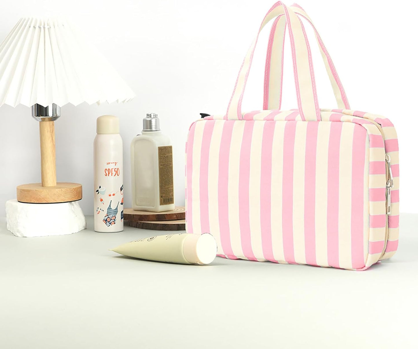 Toiletry Bag for Women Travel Water-resistant Cosmetic Bag Fashion Stripes Makeup Bag with Hanging Hook Preppy for Store Toiletries Cosmetic Accessories Large Capacity Pink