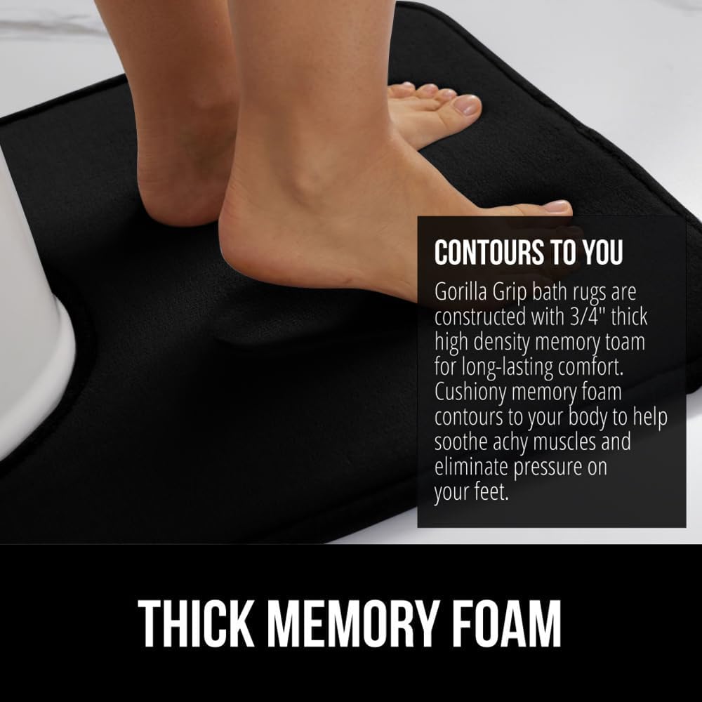 GORILLA GRIP Thick Memory Foam Toilet Rug for Bathroom, U Shaped Washable, Soft Absorbent Velvet Topside Floor Mats, Machine Wash, Cushioned Luxury Rugs for Bath Room, 22.5 x 19.5, Black