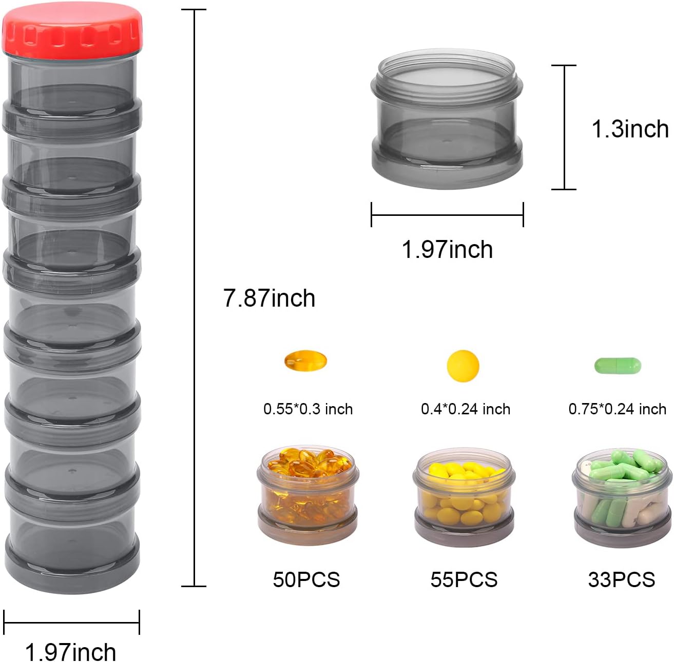 2 Pack 7 Day Pill Organizer Case Stackable Weekly Supplements Vitamins Pills Holder Dispenser Large Translucent Black with Extra Lid