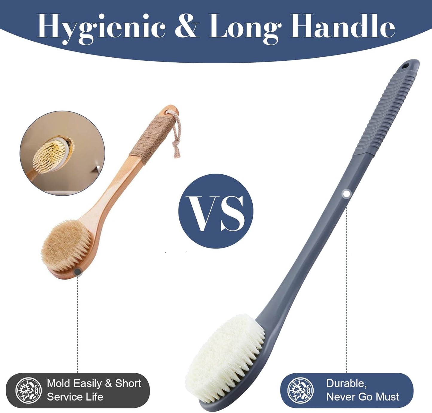 Back Scrubber for Shower, Shower Body Brush for Cleaning with Long Handle for Showering, 17 Inch Back Washer Exfoliator for Shower Men Women with Non-Slip Handle, Adhesive Hook (Gray)