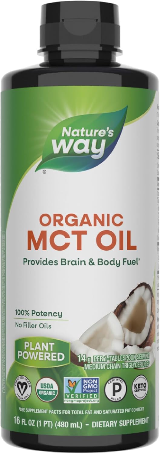 Nature's Way Organic MCT Oil, 16 Fl Oz, Brain and Body Fuel from Coconuts*, C8 Caprylic Acid and C10 Capric Acid, Keto and Paleo Certified, Organic, Non-GMO Project Verified