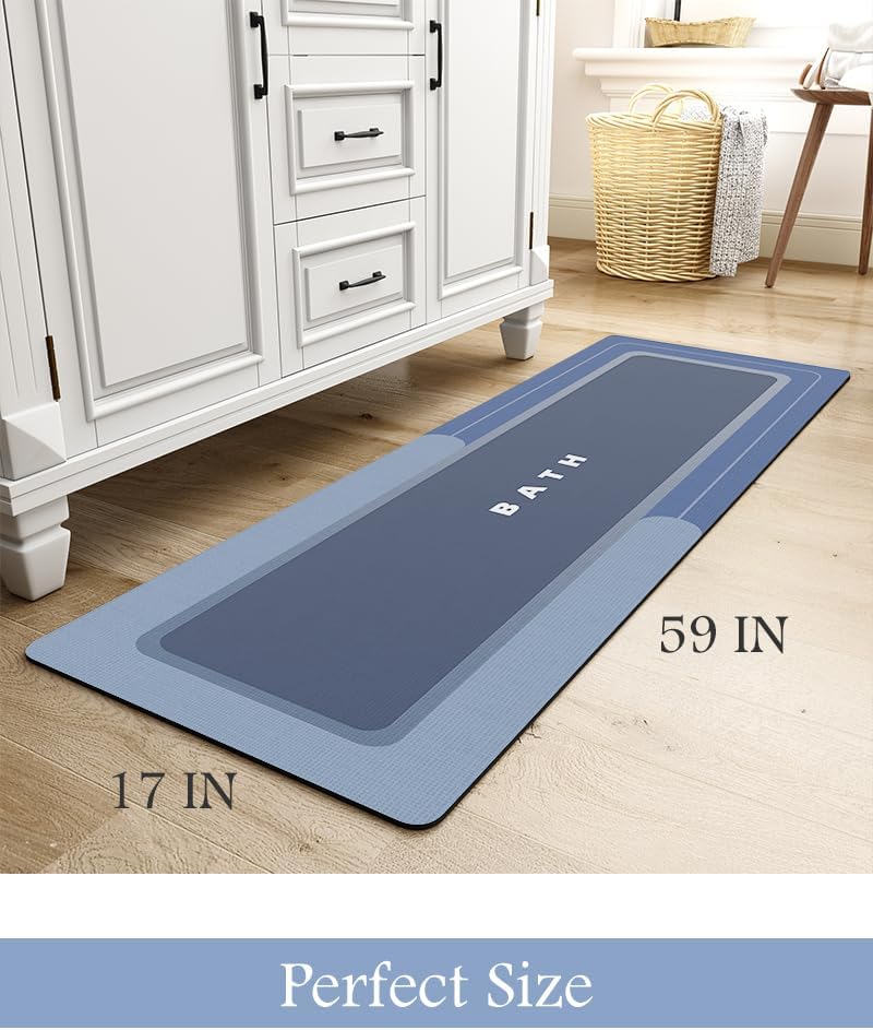 MontVoo-Bath Mat Rug Long Non Slip Super Absorbent Bathroom Runner Stain Resistant Quick Dry Thin Bathroom Mat Fit Under Door-17"x59",Navy