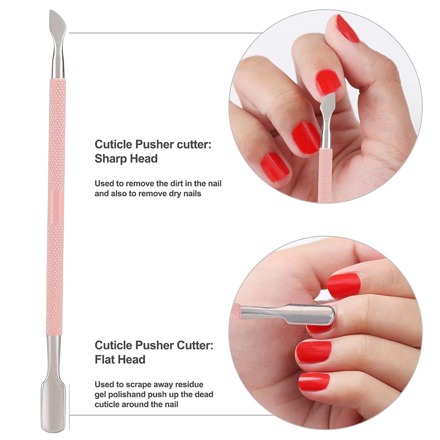 YINYIN Professional Stainless Steel Cuticle Trimmer with Pusher and Cutter - Durable Pedicure Manicure Tools for Fingernails and Toenails (Pink)