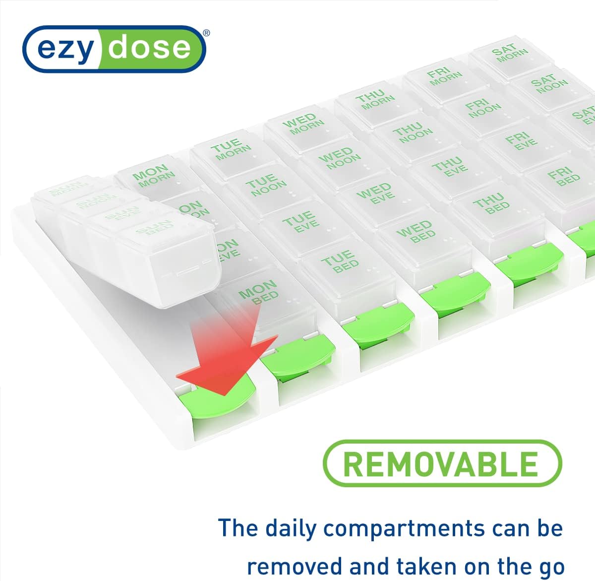 EZY DOSE Weekly (7 Day) 4 Times a Day Push Button Pill Organizer and Vitamin Planner, Removable Daily Pillboxes, Green, Convenient and Easy to Use, Clear Lids, Large, BPA Free