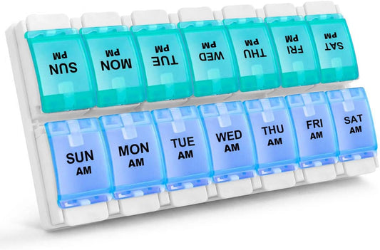 Sukuos AM PM Weekly 7 Day Pill Organizer, 2 Times A Day Pill Box with Arthritis Friendly Push Button, Medicine Cases for Vitamin/Fish Oil/Supplements, Easy to Clean (Cyan&Blue)