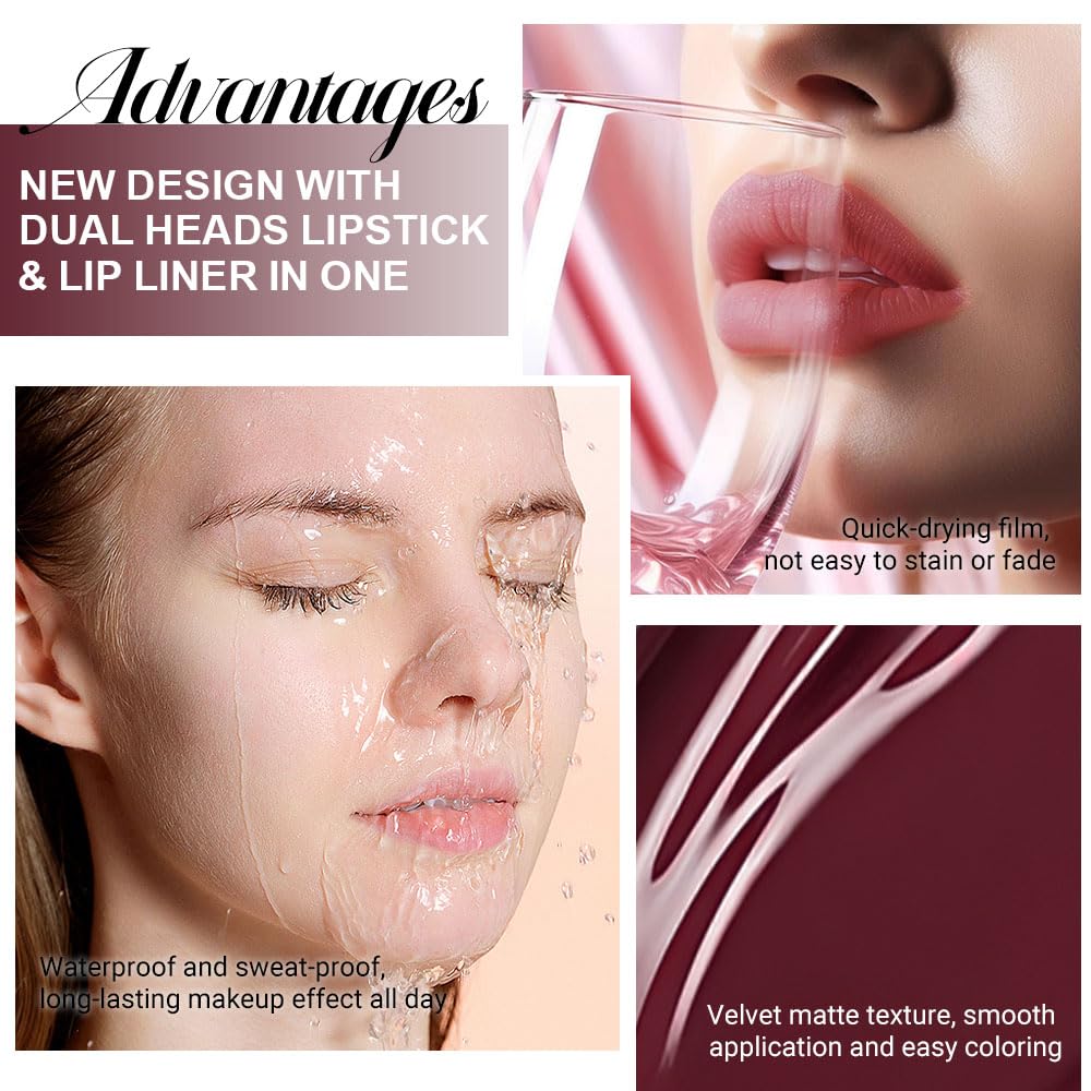 evpct 1Pcs Dark Oxblood Red Matte Lip Liner and Liquid Lipstick Stain Makeup Set for women, Red Long Lasting Smudge Proof Lipstick labiales matte mate larga duracion listip 24 hours originales,15#