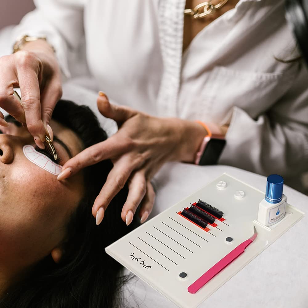 Grafting False Eyelash Acrylic Extension Pallet, Eyelash Extension Glue Tweezers Plate Pad Makeup Palette Individual Training Tools (White (7.87x5.12in))