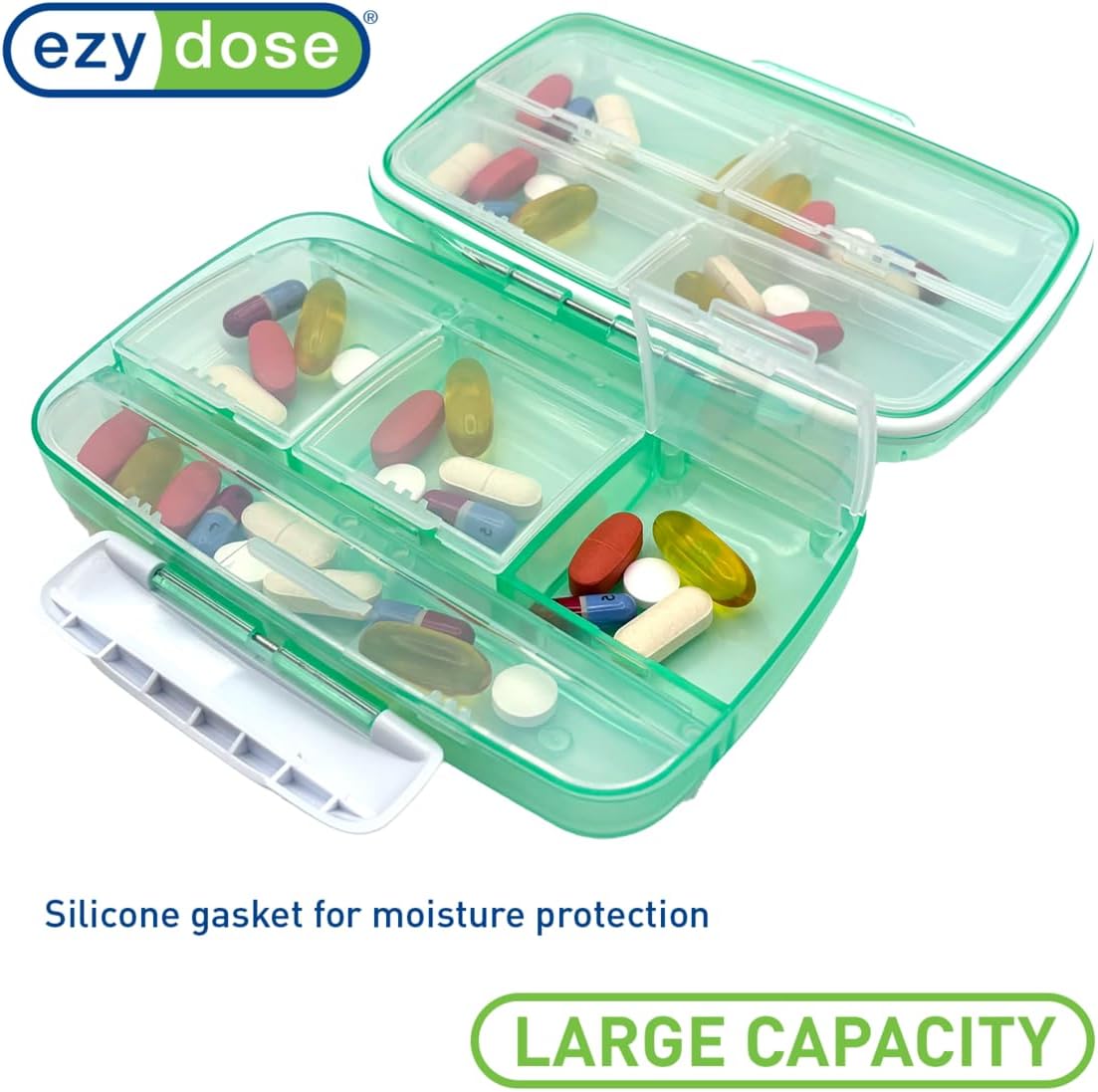 EZY DOSE Moisture-Proof Pill Case, Medicine Planner, Vitamin Organizer Box, Travel-Friendly, Latch-Closure to Secure Contents, 8 Individual Compartments of Multiple Sizes with Tight Seal, Large, Green