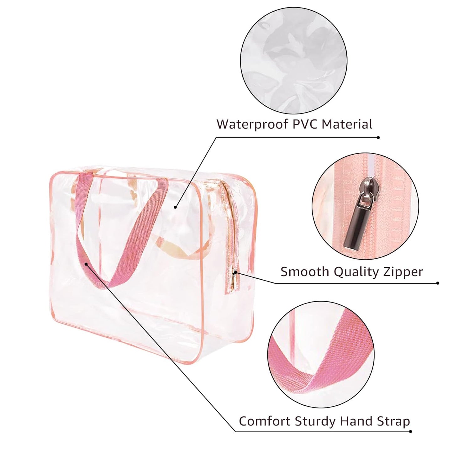 5Pcs Crystal Clear PVC Travel Toiletry Bag Kit for Women Men, Waterproof Vinyl Packing Organizer Storage Bags with Zipper Handle Straps, Cosmetic Pouch Carry on Airport Airline Compliant Bag Handbag