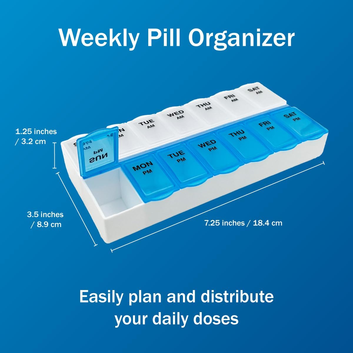 Amazon Basic Care (7-Day) AM/PM Pill Organizer, Vitamin Case, and Medicine Box, Large Compartments, 2 Times a Day, Blue and Clear Lids (Pack of 2)