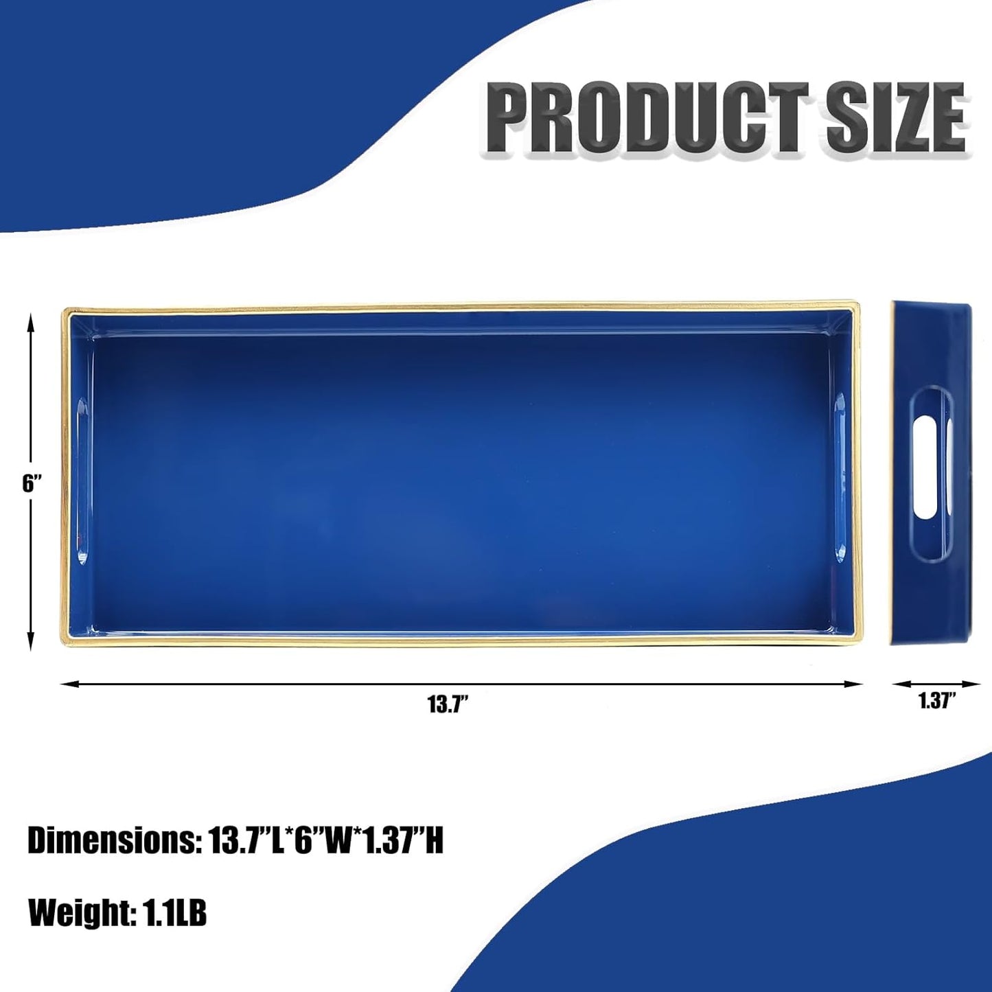 Blue Bathroom Vanity Tray for Countertop, Small Plastic Toilet Tank Versatile Storage & Organization Tray for Makeup, Perfume, Desk, Kitchen, Candles, 13.7"x6"x1.4", 35HB