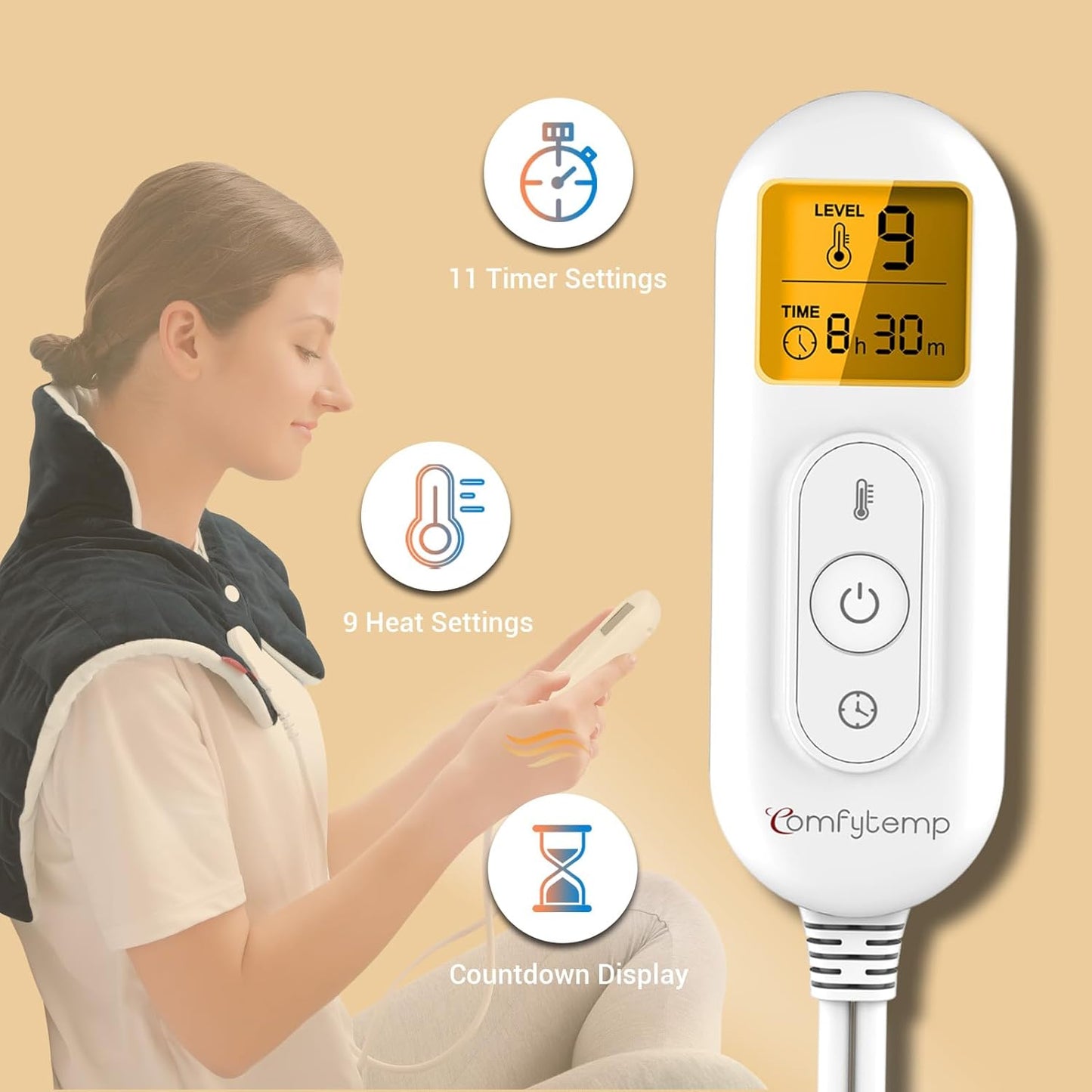 Comfytemp Heating Pad for Neck and Shoulders and Back, Weighted Electric Heat Pad for Pain Relief, 2.6lb Large Heated Wrap, 9 Heat Levels, 11 Auto-Off, Gifts for Women Men Dad, Black