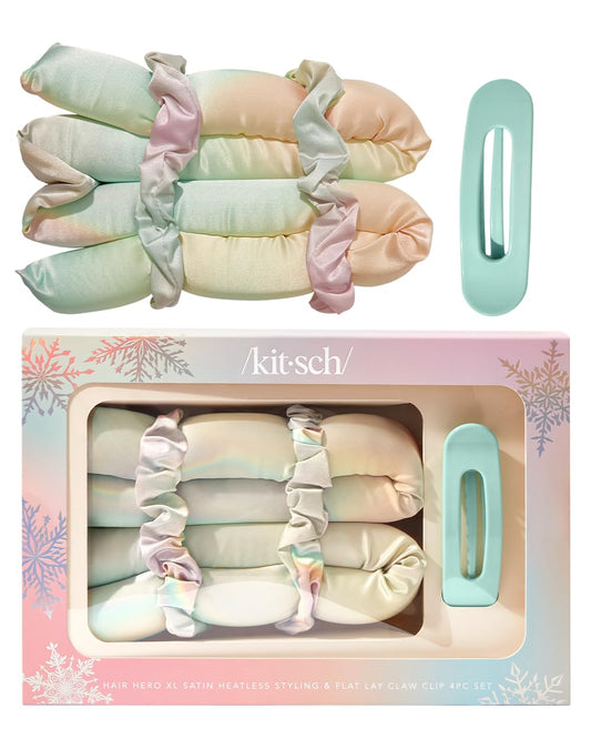 Kitsch Holiday Hair Hero XL Satin Heatless Styling & Flat Lay Claw - Heatless Curls & Waves, Extra Large Curling Rods, Satin Scrunchies & Claw Clip for Hair Protection, Gifts for Women- 4pc set, Aura