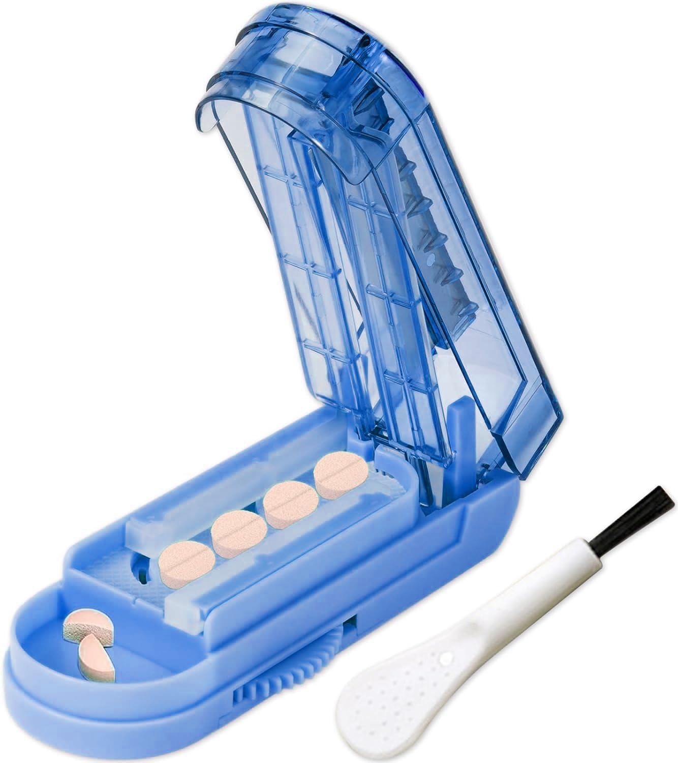 JohnBee Pill Cutter Splitter for Small and Tiny Pills. Adjustable Pill Splitter Accurately Cuts Multiple Pills at Once. Sharp Blade with Safety Guard. Non-Slip Silicone Edge (Dark Blue)