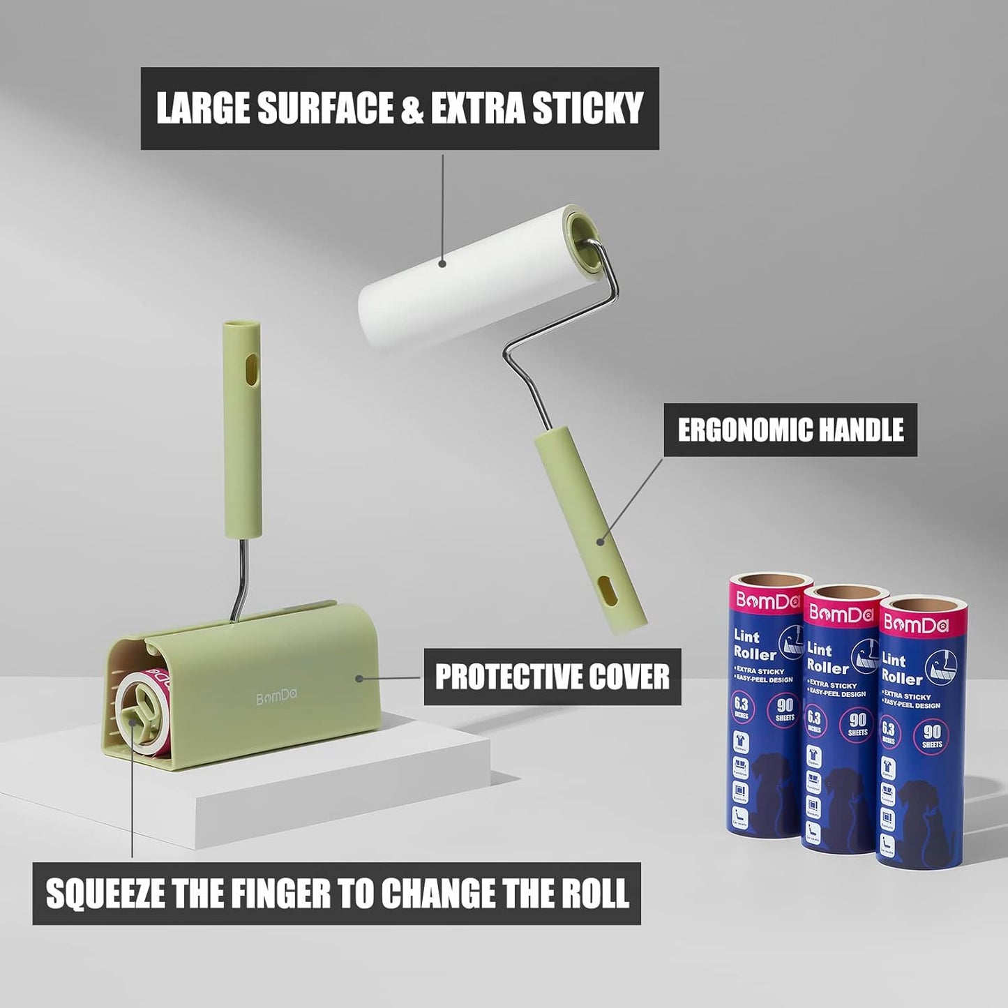 Extra Sticky Large Surface Lint Roller, 6.3'' Giant Lint Roller for Pet Hair, 270 Sheets/ 3 Refills, Long Handle Lint Remover for Clothes, Furniture, Dog & Cat Hair Remover (720 Sheets)