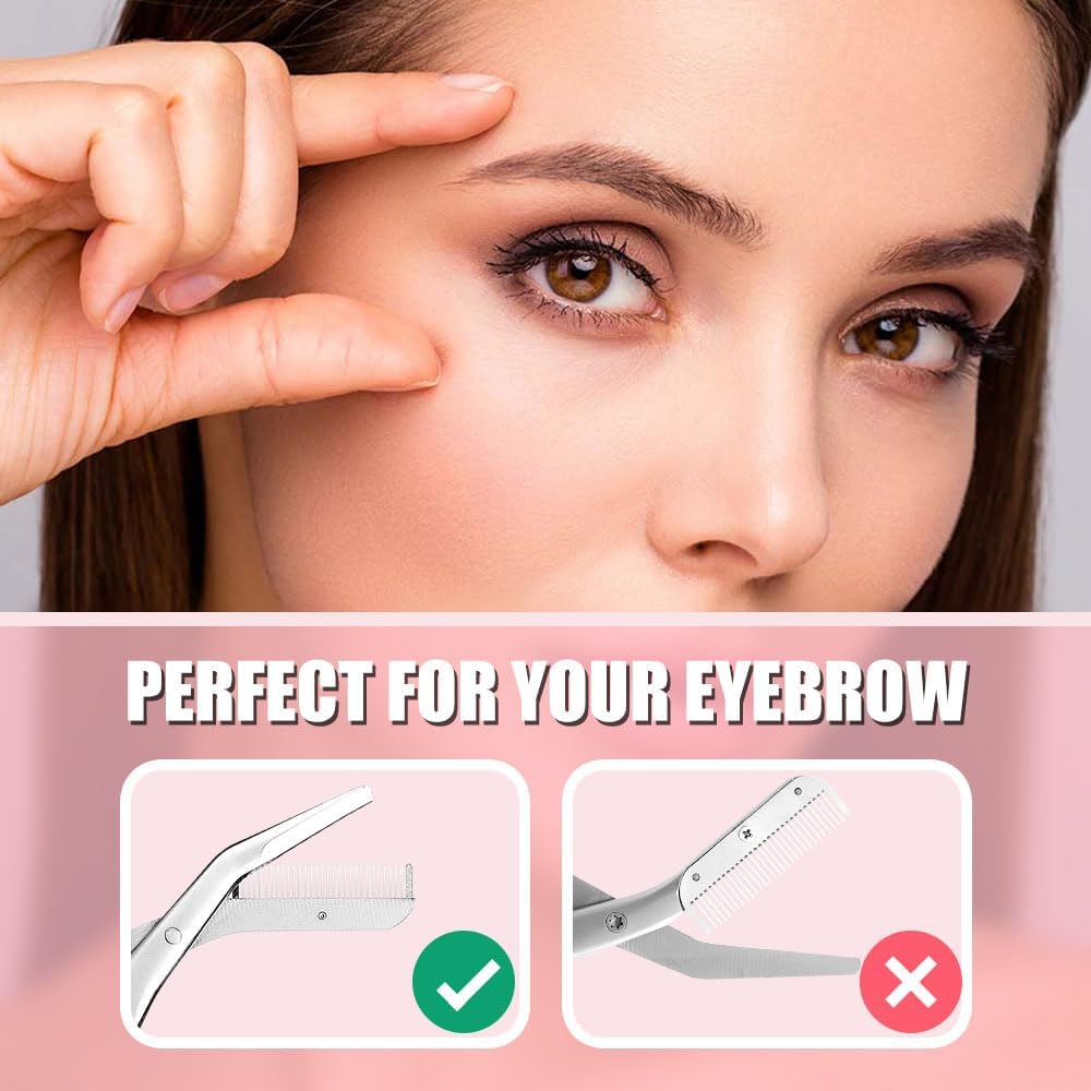 Eyebrow Trimmer with Comb Facial Grooming Scissors Kit Professional Precision Eye brow Trimmer Stainless Steel Eyebrow Trimmers Scissors with Combs Perfect for Gifts for Men and Women (Pink)