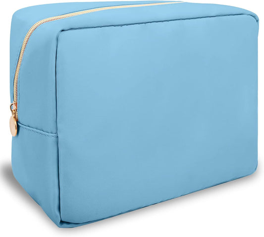 Nylon Large Makeup Bag Travel Cosmetic Bag Pouch, Preppy Big Makeup Bag Cute Cosmetic Zipper Pouch Purse, Waterproof Toiletry Bag Clutch Make Up Organizer Travel Essentials for Women Men Girls(Blue)