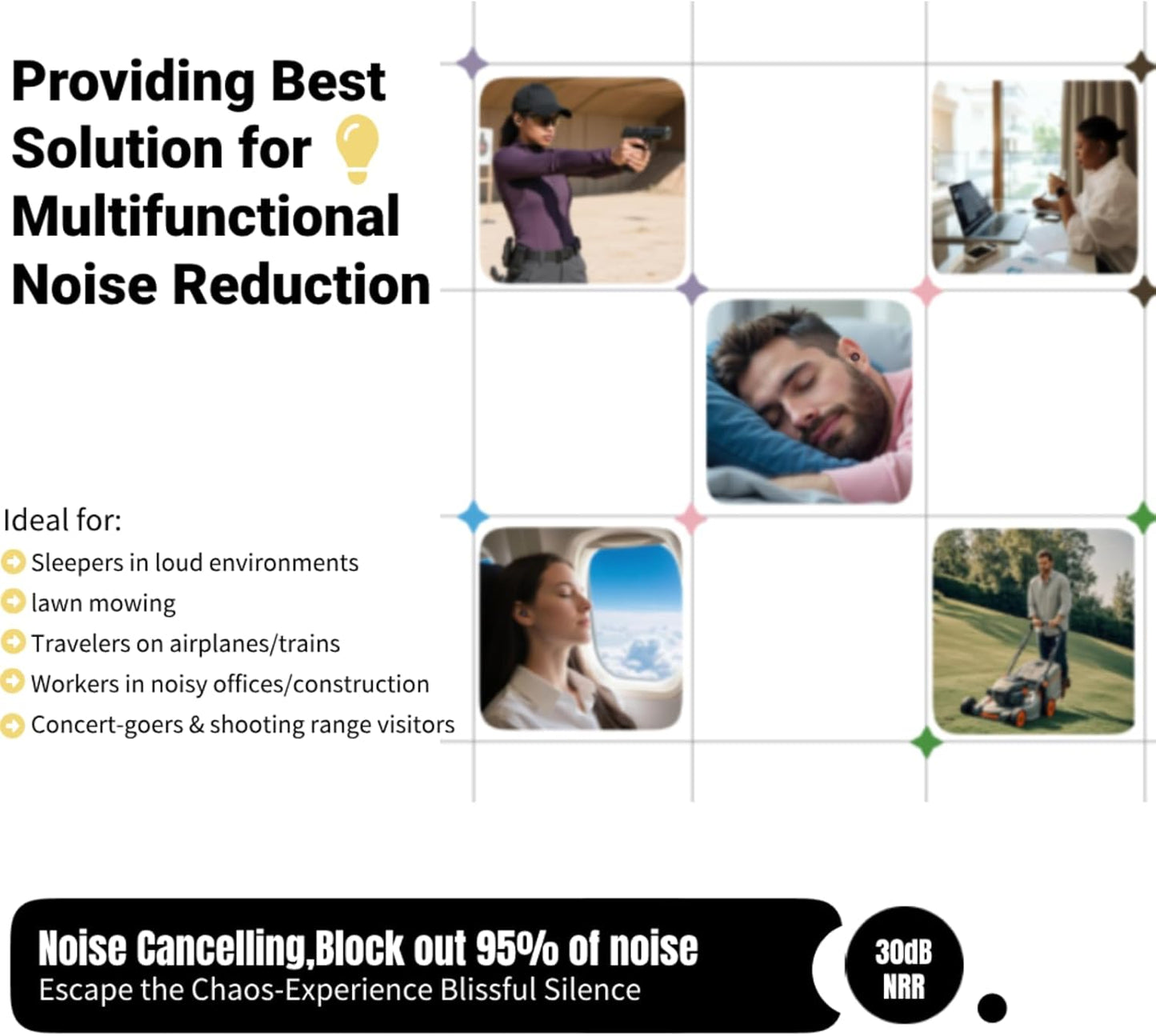 30dB Noise Cancelling Ear Plugs for Sleeping - Reusable Silicone Earplugs for Adults & Kids, Soft Ear Protection for Snoring, Concerts, Lawn Mowing, Travel & Work (6 Ear Tips with Case, White)