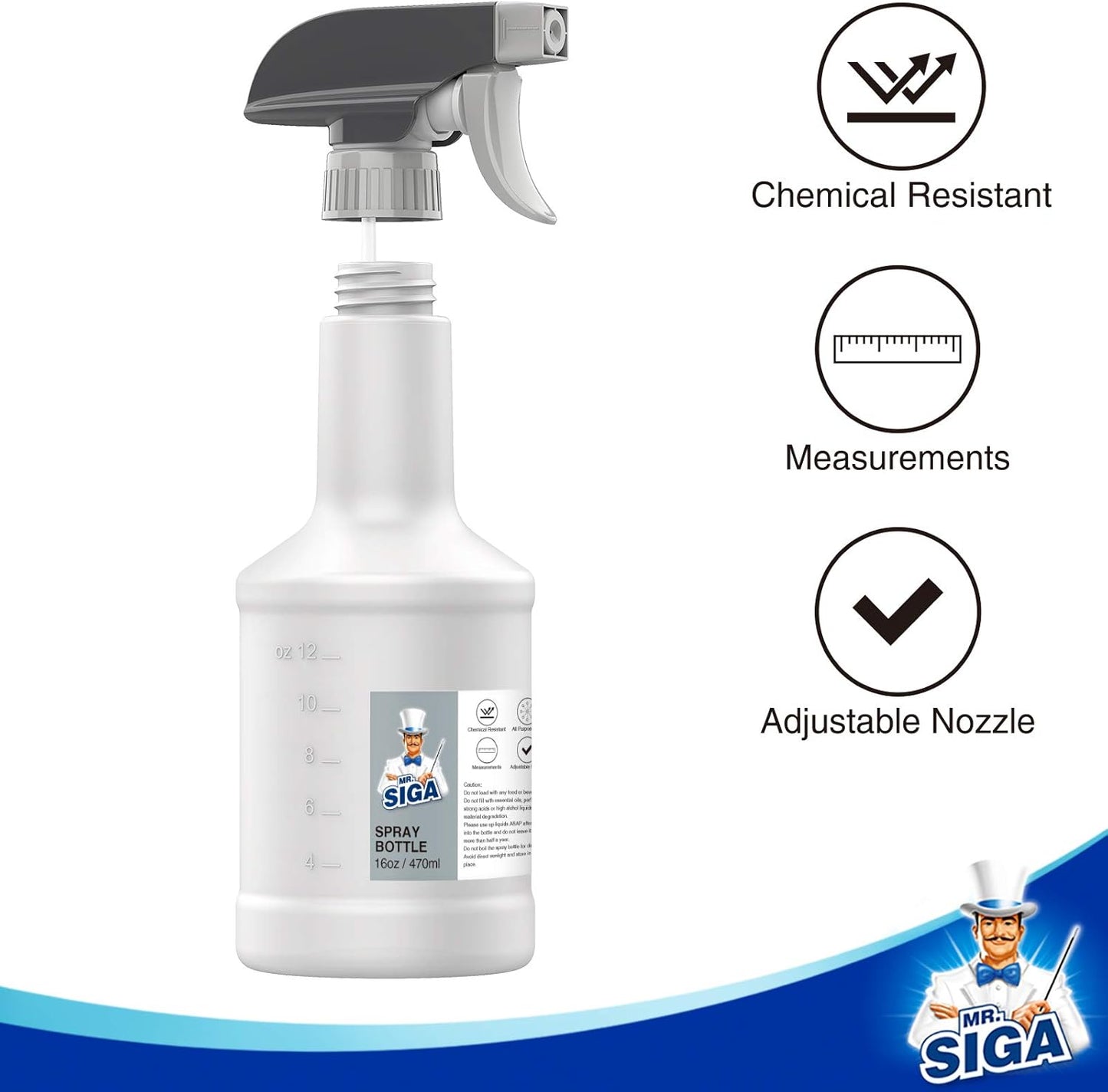 MR.SIGA 16 oz Empty Plastic Spray Bottles for Cleaning Solutions, Heavy Duty Household Reusable Spray Bottles with Measurements and Adjustable Leak Proof Nozzle, 3 Pack