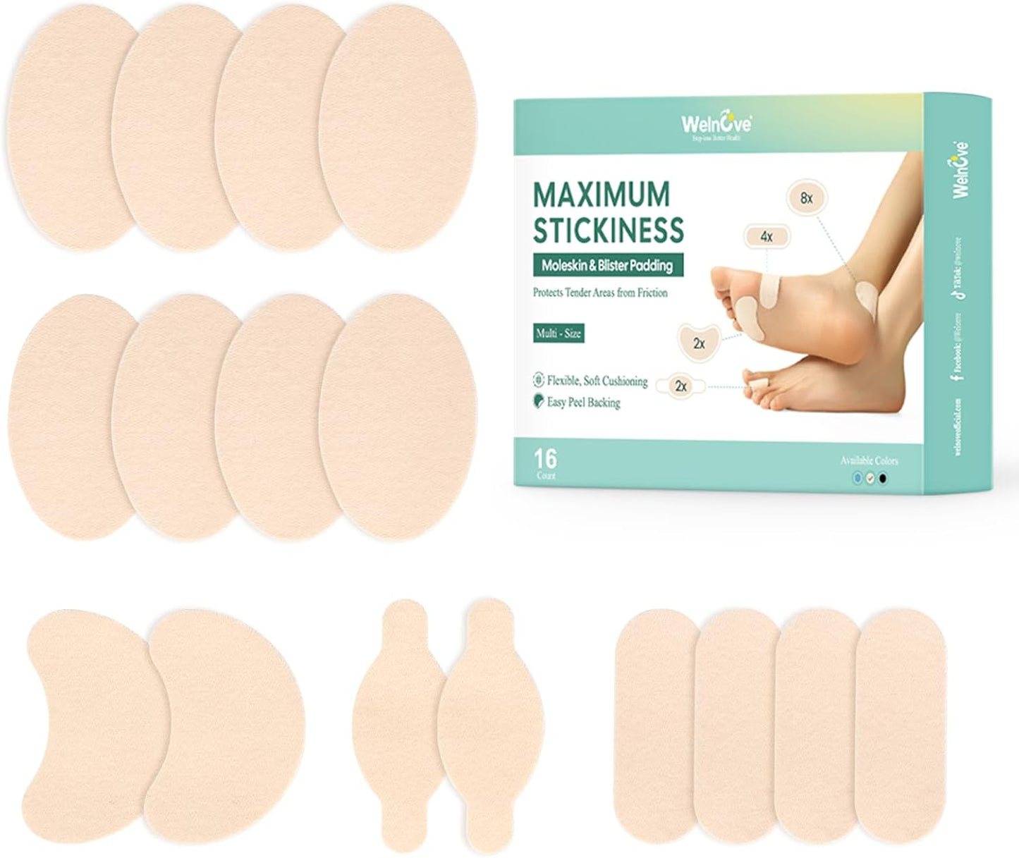 Welnove Moleskin Adhesive Pads for Feet,Blister Bandages for Feet, Mole Skin Patch for Feet Heels, Skin Tape Stickers for Feet - 16 Sheets of 4 Shapes