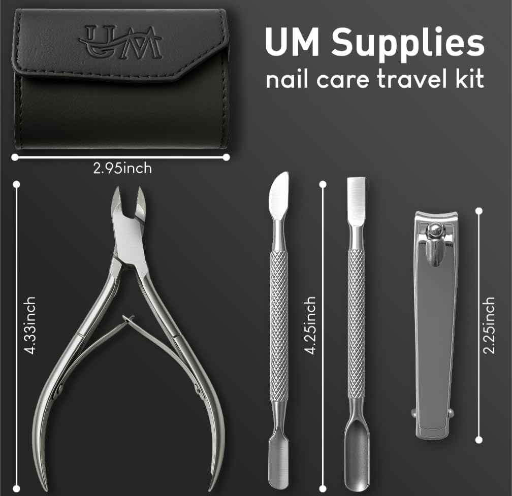 UM Supplies 4 Pieces Travel Set + Storage Pouch | Cuticle Nipper with 2 Pushers and Nail Cutter Stainless Steel | Manicure Pedicure Tool for Nail Care Jaw 14 (5mm) Double Spring