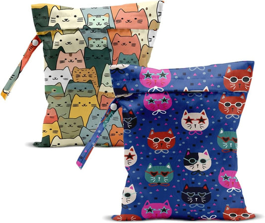 2Pcs Cat Wet Bag 12x10 Inch, Funny Cats Waterproof Reusable Wet Dry Bag, Washable Travel Laundry Bags for Swimsuit Pool Travel Beach Diapers Dirty Yoga Gym Clothes, Cat Gifts for Women Friend Family