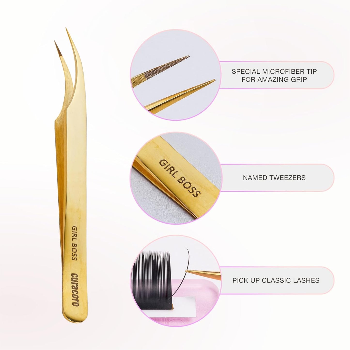 Curacoro Lash Tweezer - Professional & Precision Fiber Tip Grip Lash Tweezers for Eyelash Extensions, Multi Shapes & Purposes Tweezers for Volume, Isolation & Classic Lashes (Gold, Girl Boss)