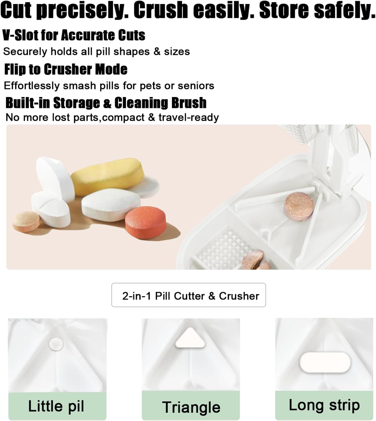 Clear Pill Cutter & Crusher – Precision Tablet Splitter with Safety Blade Guard, Pill Storage and Built-in Cleaning Brush – for Small and Large Pills, Travel Ready (Transparent White)