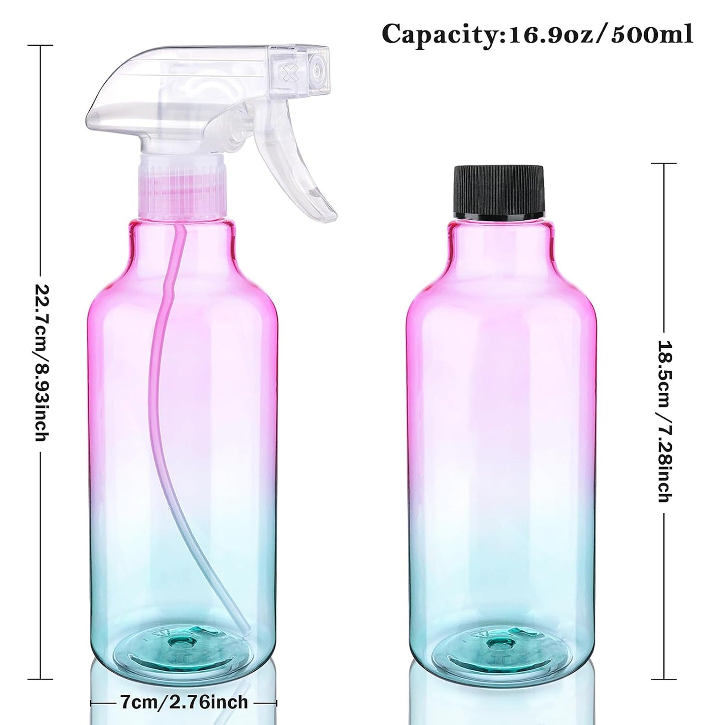 Plastic Spray Bottle 16.9oz Empty Spray Bottles Refillable Container Trigger Sprayer for Cleaning Solutions, Water, Plants, Pet, Essential Oils, Hair, 2 Pack (gradient)