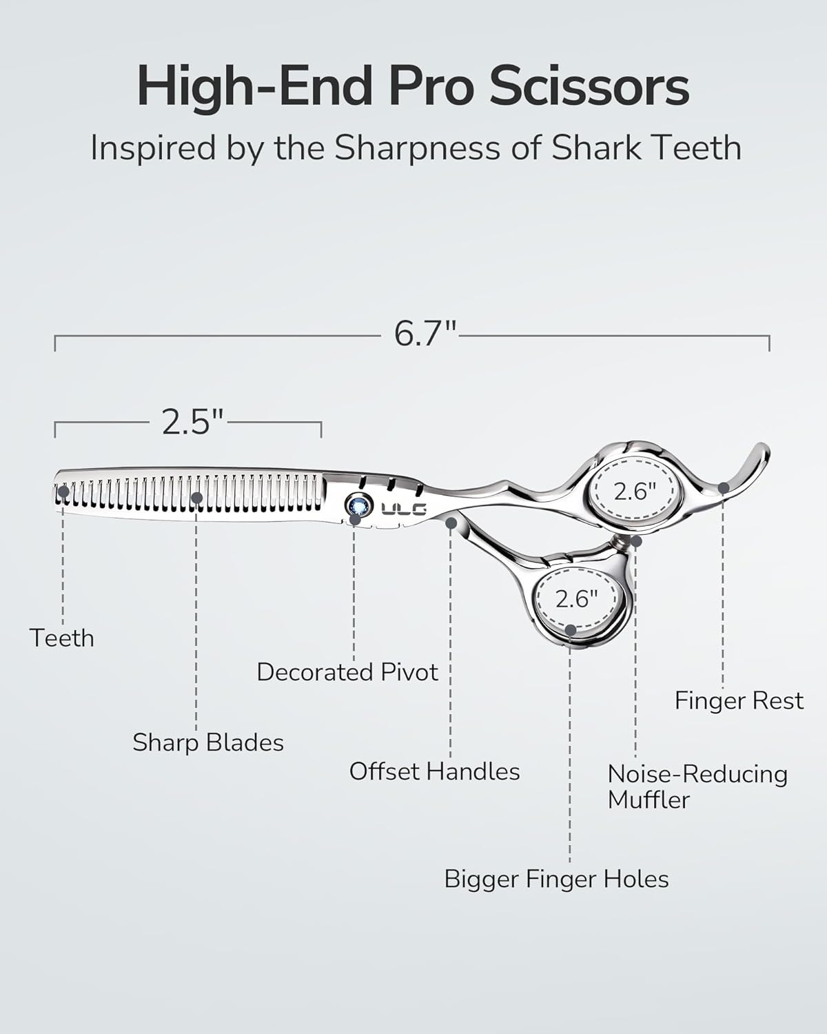 ULG Hair Thinning Scissors 6.7” Shark Series 100% Japanese Stainless Steel, Offset Handle, 30 V-Tooth Thinner 25% Hair Removal, Professional Barber Layering Shears for Salon & Home Hair Styling