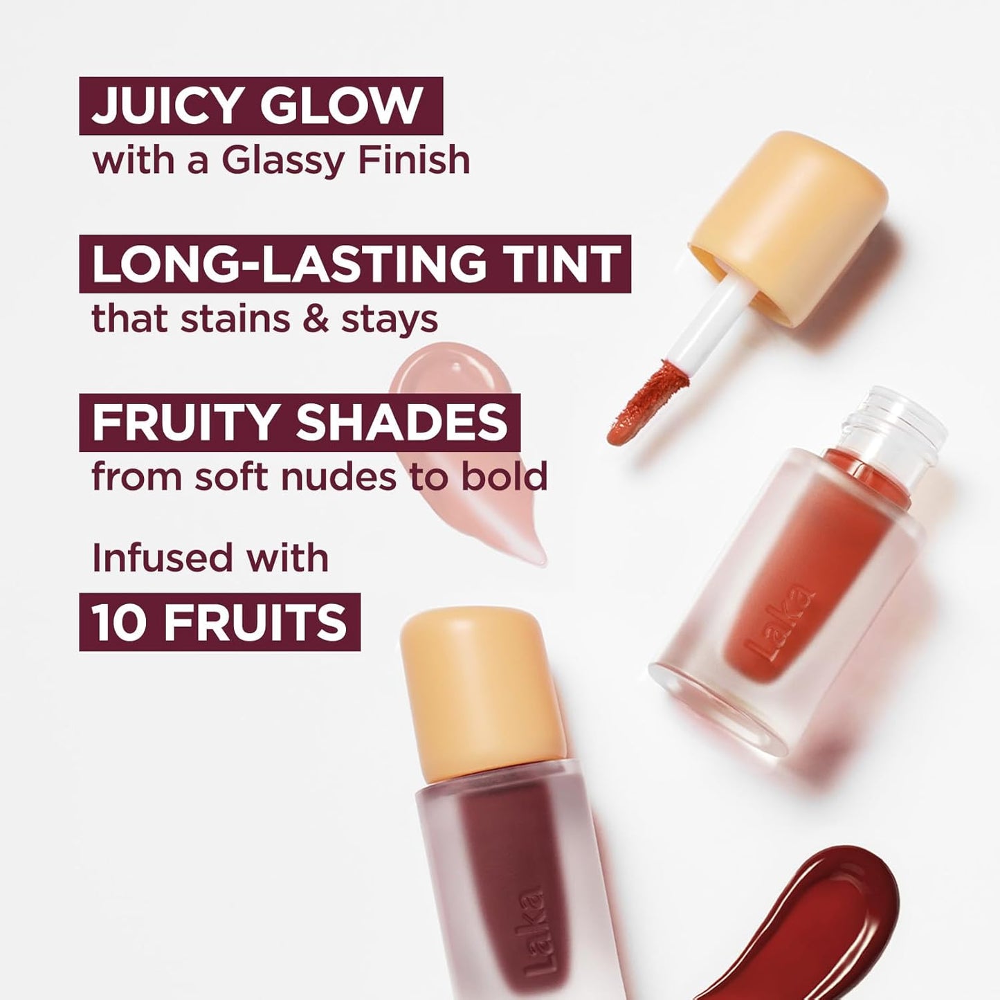 Laka Fruity Glam Lip Tint Mini, Glowing Lip Stain with Wide Color Spectrum, Hydrating & Lightweight Texture, Long-Lasting Bold Stain, Non-Sticky, Vegan, K-Beauty (#129 Maroni)