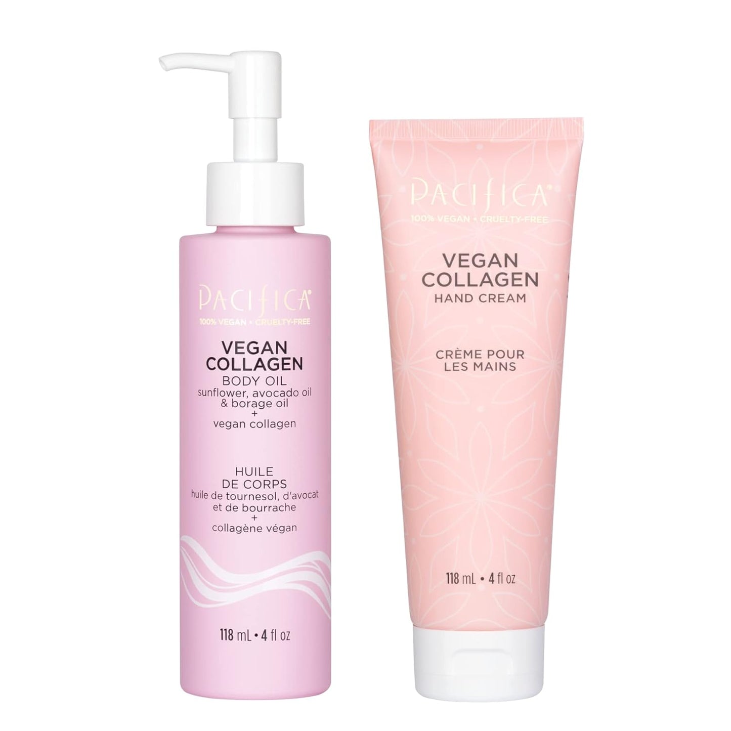 Pacifica Beauty Vegan Collagen Hand Cream and Body Oil with Pump Set, Bath and Body, Shea Butter, Cocoa Butter, Body Massage Oil, For Dry Skin, Skin Care, Body Care, 4 fl oz Each (Set of 2)