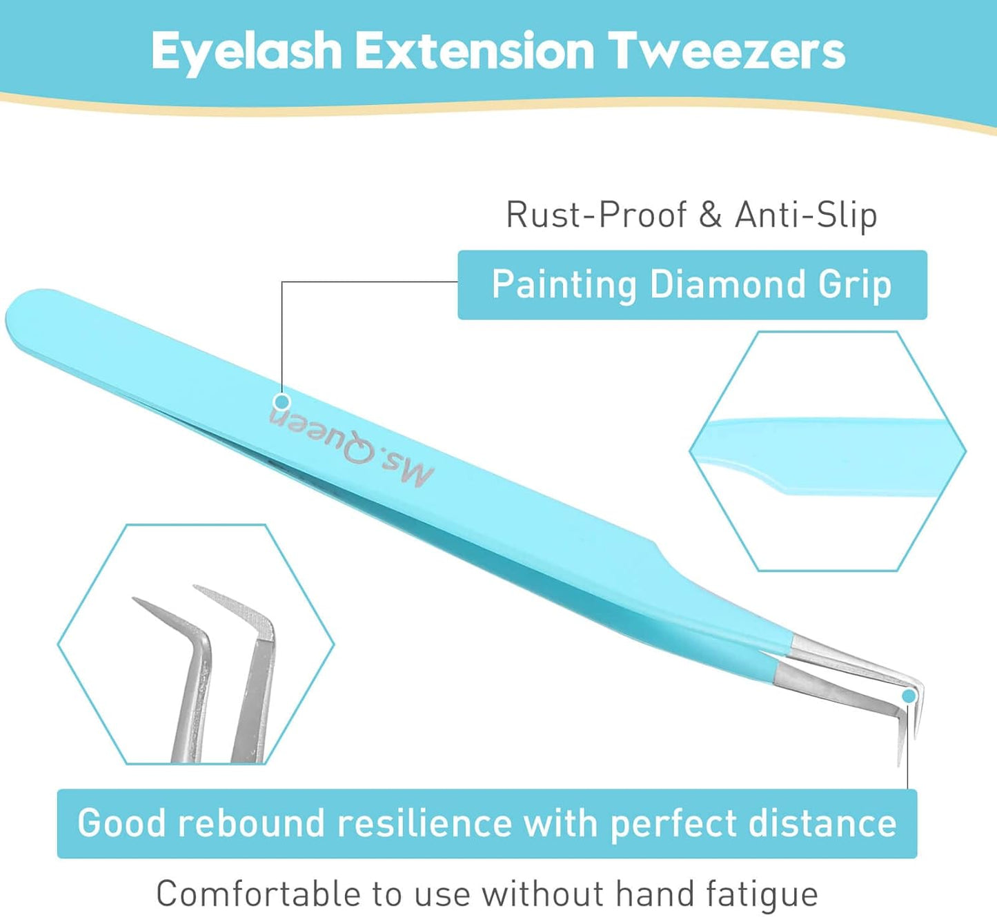 Ms.Queen Eyelash Tweezers for Extensions, 2Pcs Fiber Tip Grip 45 and 90 Degree Mega Volume Tweezers Set for Lash Extensions-Blue