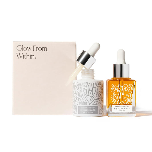 Naked & Thriving Super Glow Duo | Illuminate BC+ Serum (30 mL) + Rejuvenate Restorative Face Oil (35 mL) with Argan Oil, Sea Buckthorn Oil, Bakuchiol and Vitamin C (Set of 2)