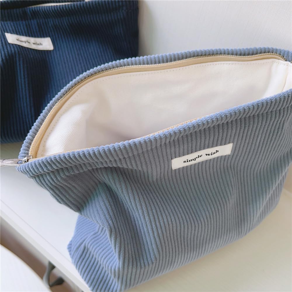 Wudygirl Makeup Bag Portable Cosmetic Bag Travel Makeup Pouch for Women and Girls Large Capacity Corduroy Travel Toiletry Bag (Light Blue)
