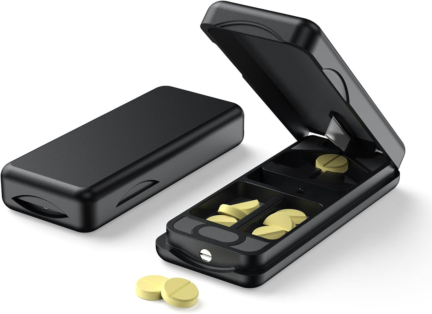 Pill Cutter with Auto Centering Device, Aluminum Pill Splitter with 316L Stainless Blade, Genuine Leather Case, Professional Pill Splitter for Cutting (Plastic,Black)